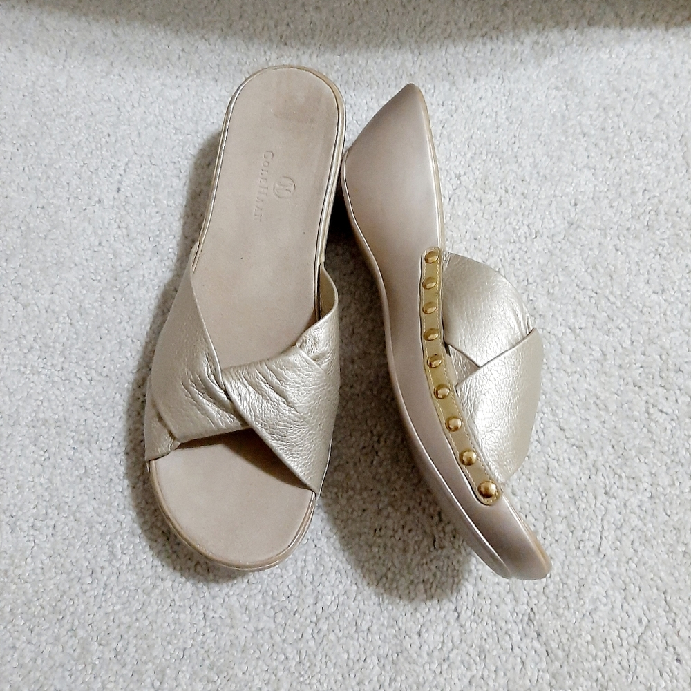 New Cole Haan Jorah Leather Slide Gold Sandal Sz 9